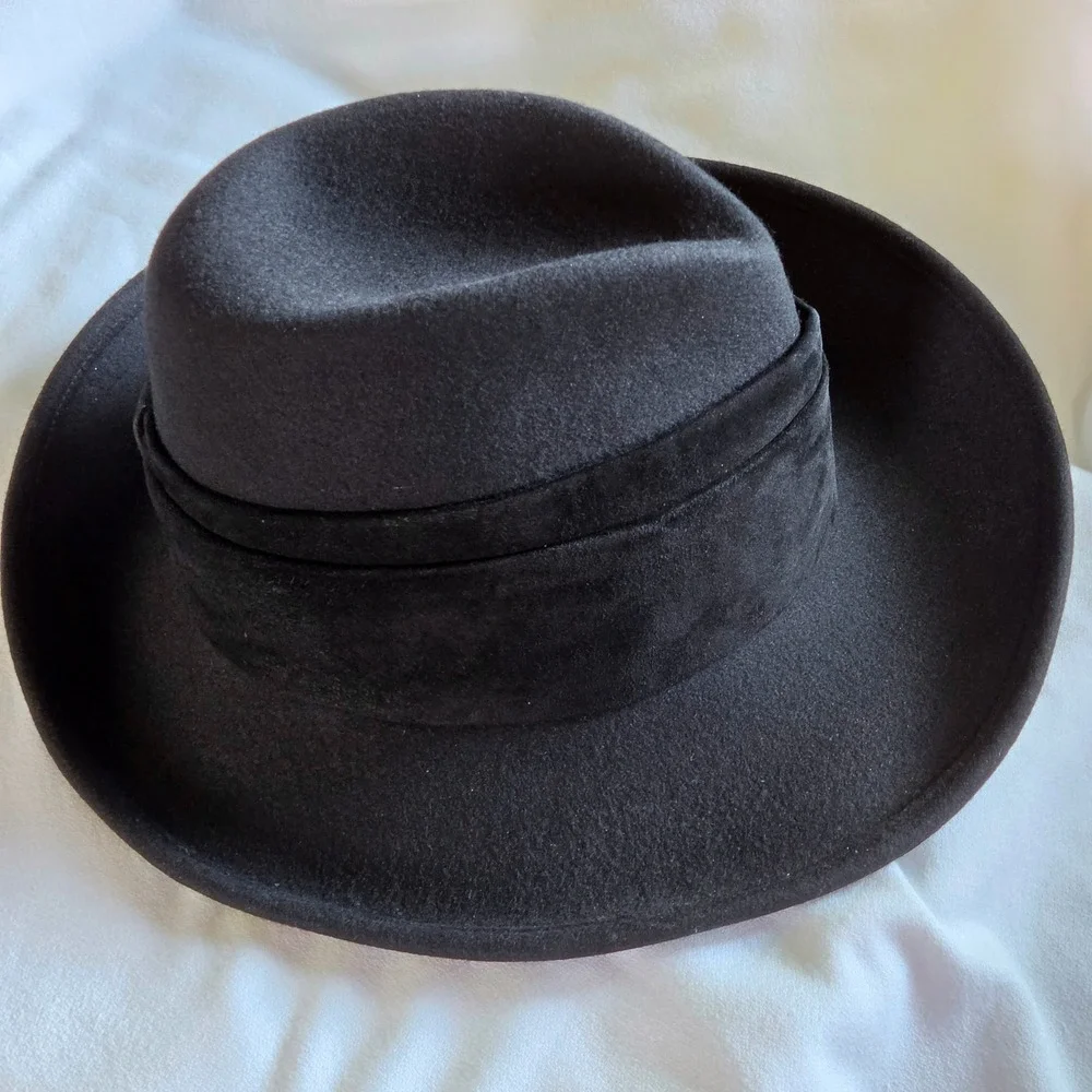 Eric Javits L'Avenue Fedora Large Black Wool Felt Wide Brim Hat - Picture 11 of 11